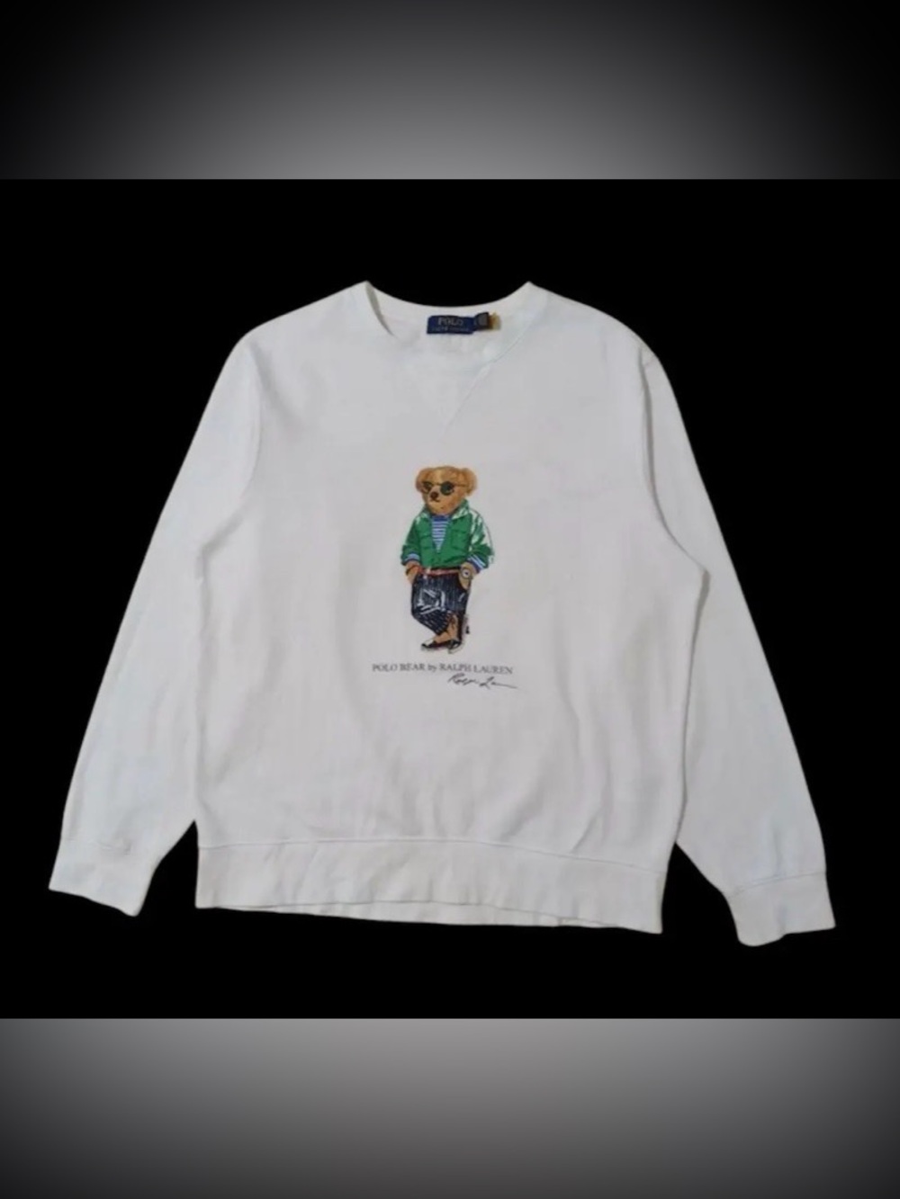 EUC Ralph Lauren White Polo Bear Sweatshirt with Green Jacket Graphic
